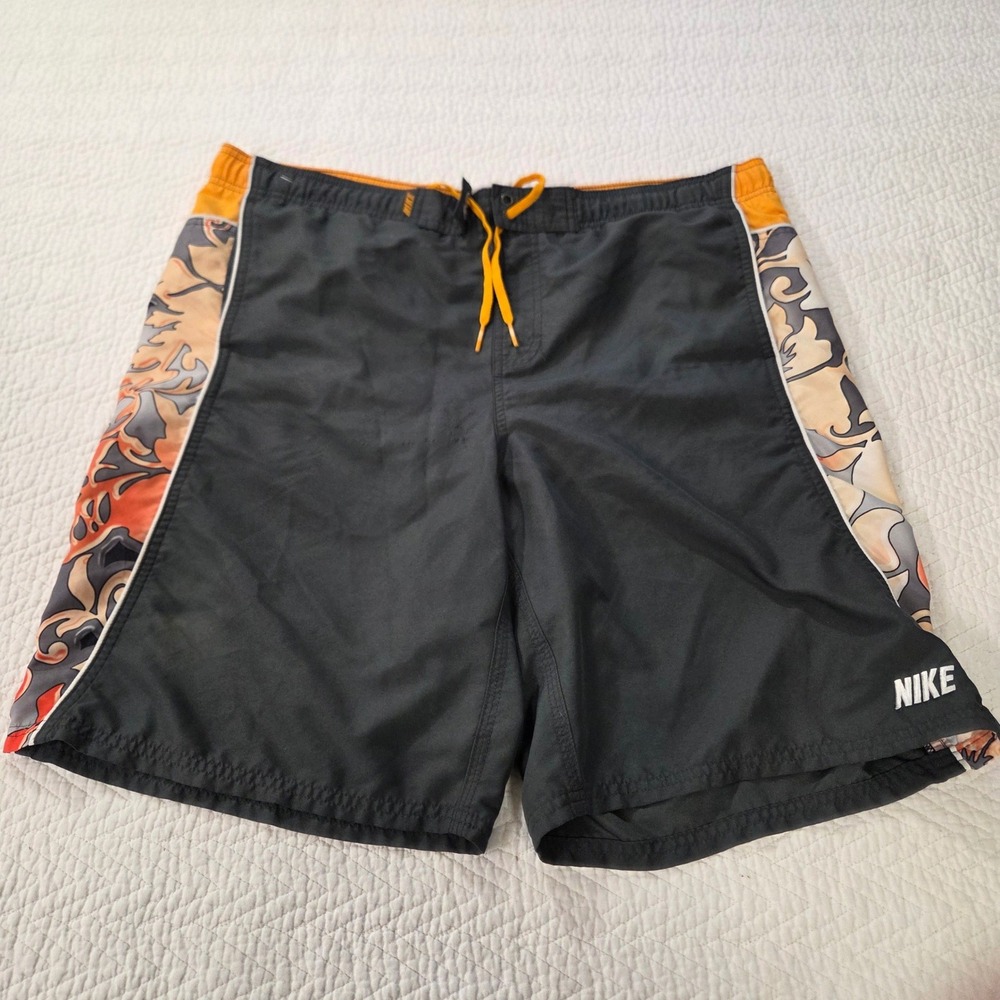 Nike Mens Board Shorts Swim Trunks Black Orange Tribal Print Mesh Liner Large